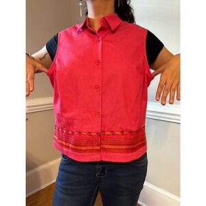 Vintage Fairycore Embroidered Boho Cottagecore Fuchsia Denim Vest Medium Large